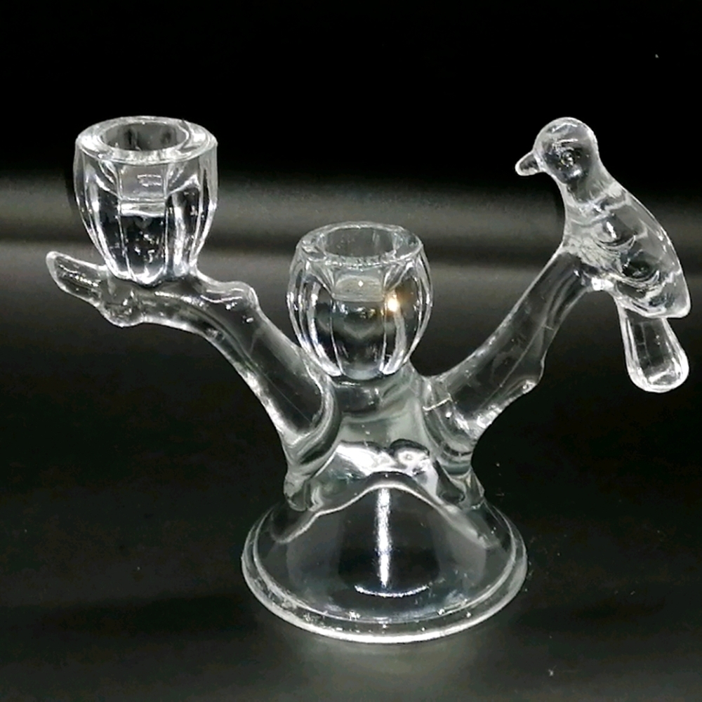 Depression Glass Double Candle Holder with a brird